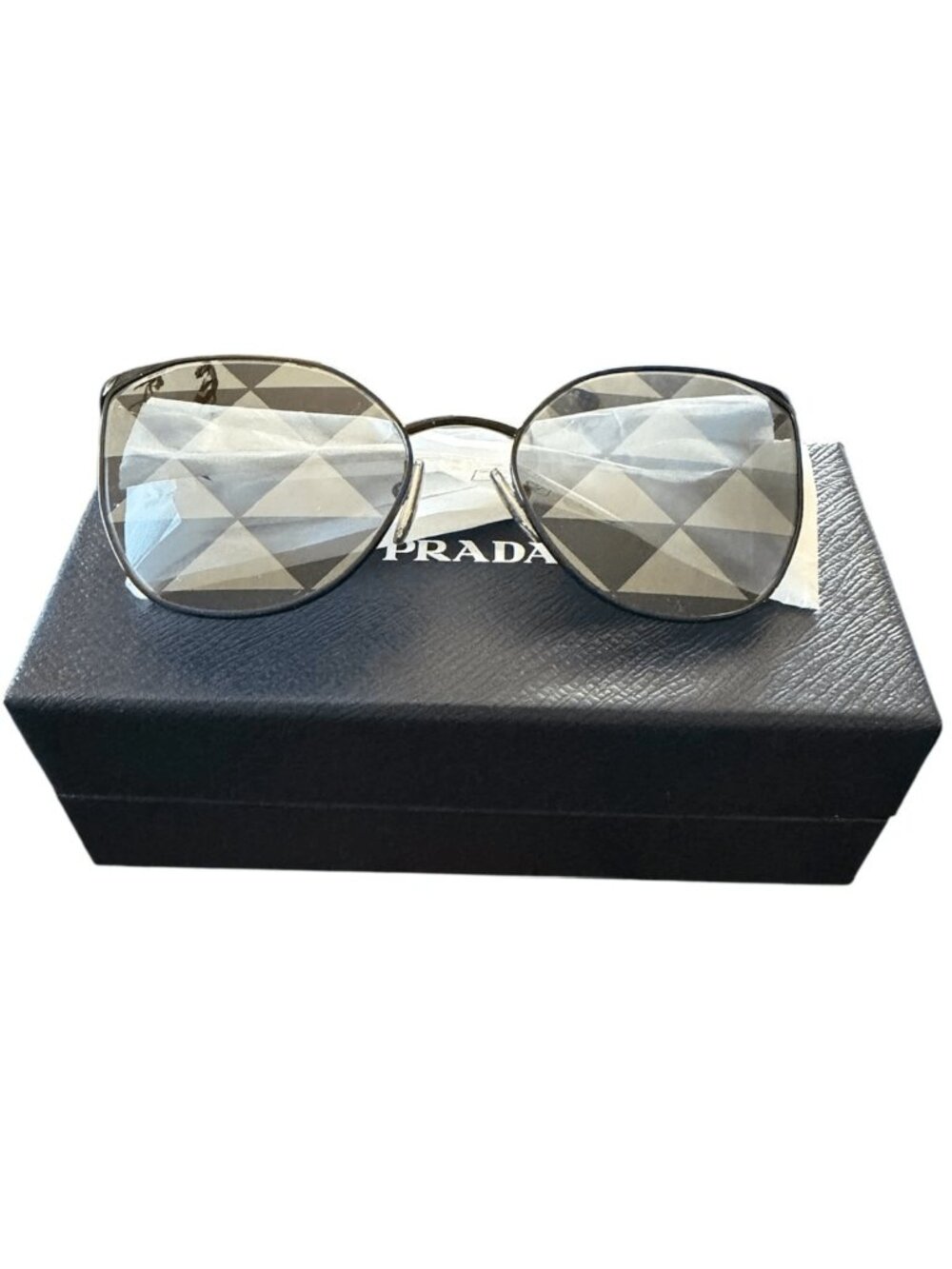 Prada PR50ZS 1AB03T Sunglasses Black Grey Tampo Triangles Silver Cat Eye Woman